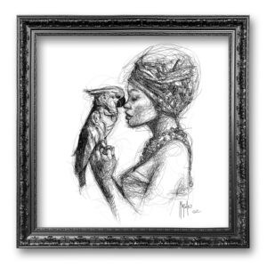 La femme et looiseau oeuvre murciano scribble toile peinture contemporaine noir et blanc