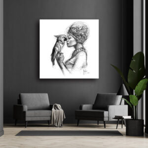 La femme et looiseau oeuvre murciano scribble toile peinture contemporaine noir et blanc