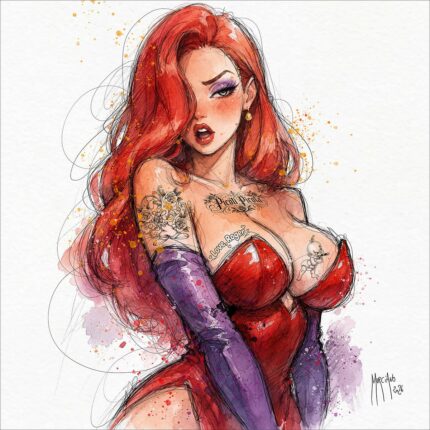 Jessica Rabbit revisitee a l’aquarelle et a l’encre par Patrice Murciano, collection Super Pin Up