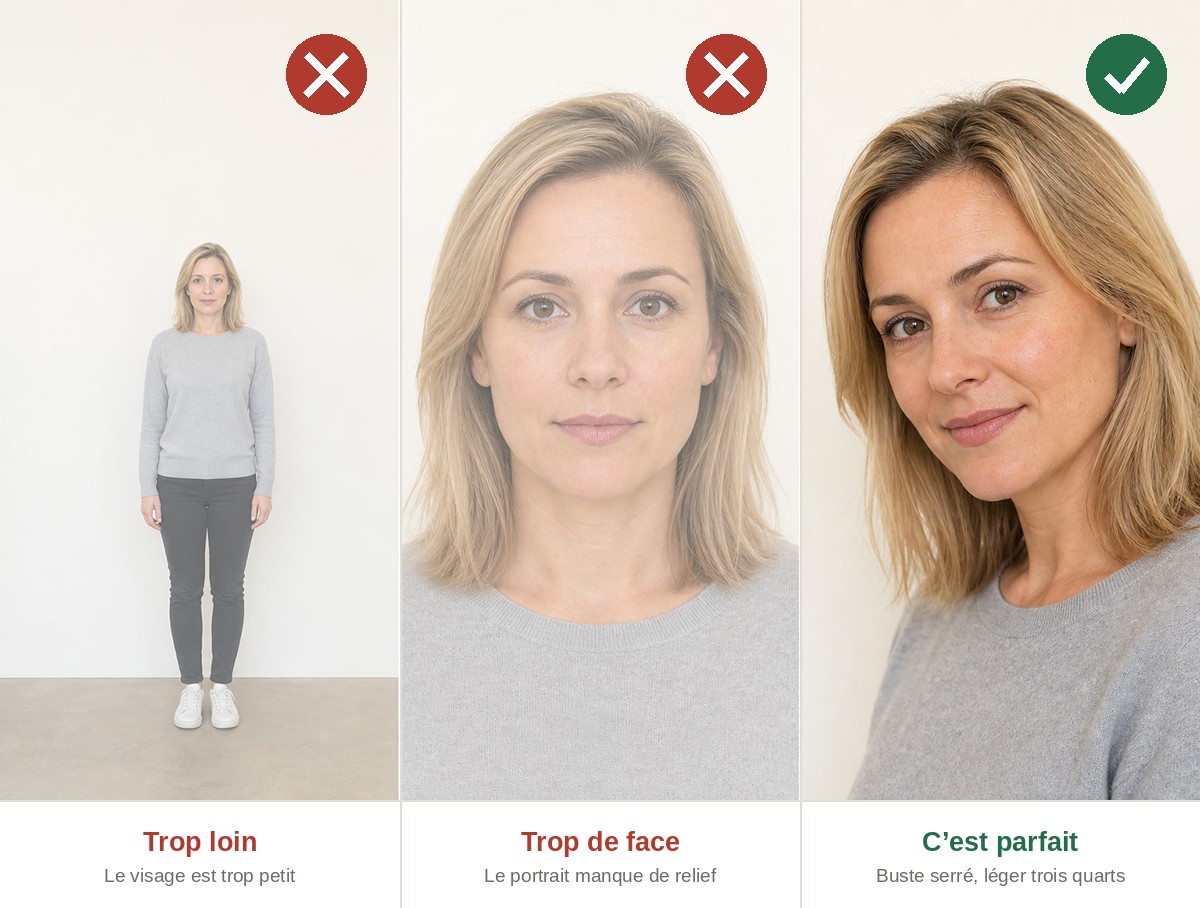 Trois cadrages compar&eacute;s : trop loin, trop de face, et le bon cadrage