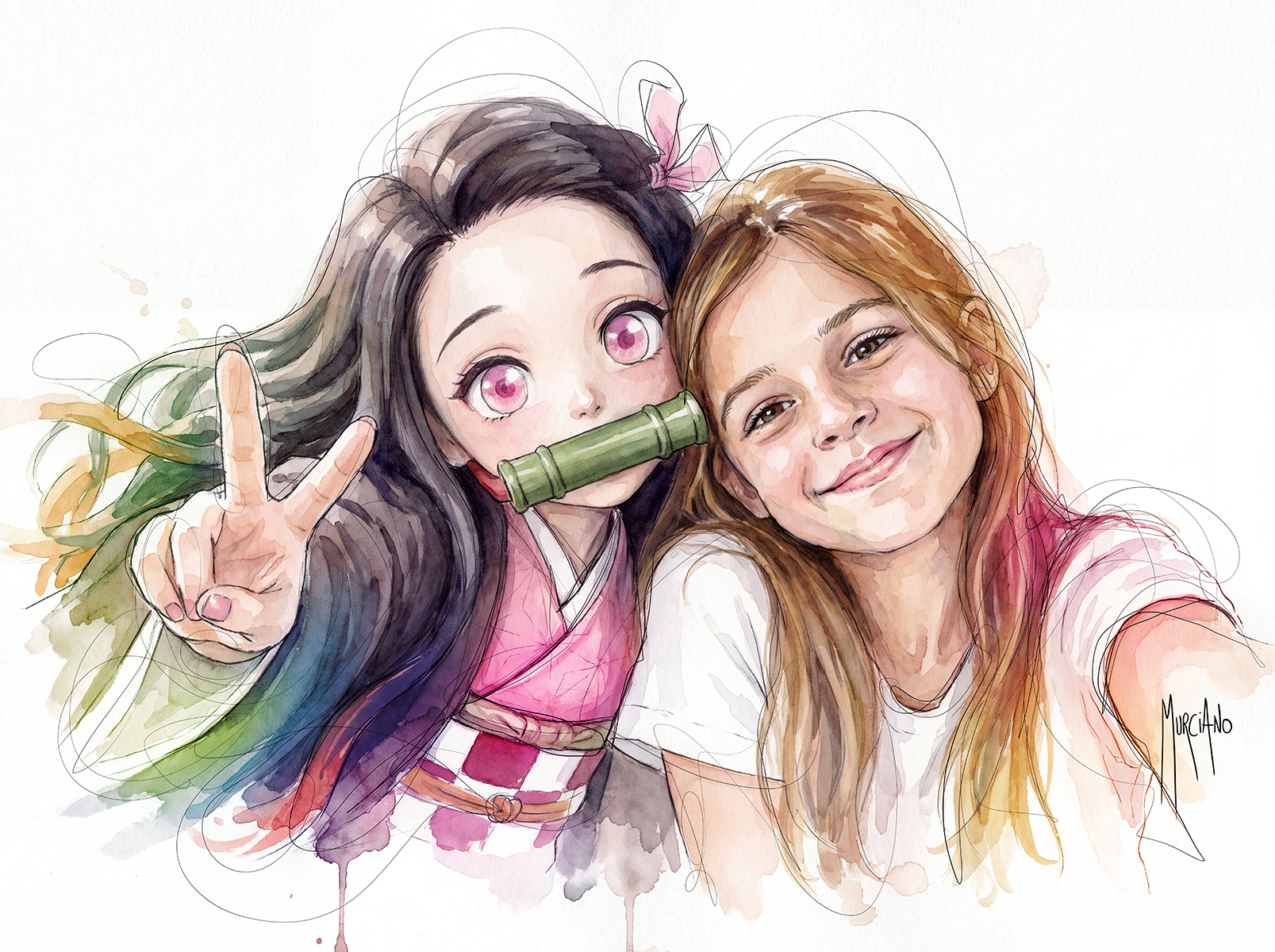Portrait après avec Nezuko, style aquarelle par Patrice Murciano