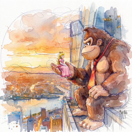 King Kong et la Princesse Peach - Donkey Kong tenant la Princesse Peach au coucher de soleil - tableau aquarelle Patrice Murciano, hommage Nintendo Mario