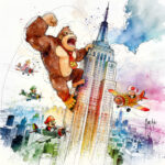 Don King Kong - Donkey Kong escaladant l'Empire State Building avec Mario, Luigi, Peach et Toad en biplans - tableau aquarelle Patrice Murciano, hommage Nintendo