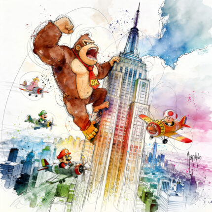 Don King Kong - Donkey Kong escaladant l'Empire State Building avec Mario, Luigi, Peach et Toad en biplans - tableau aquarelle Patrice Murciano, hommage Nintendo