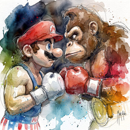 Mario Balboa VS Mister K - Mario boxeur face à Donkey Kong, clin d'œil Rocky Balboa et Mister T - tableau aquarelle Patrice Murciano, hommage Nintendo Rocky 3