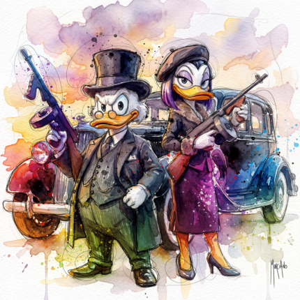 Bonnie and Clyde, hommage pop culture à Picsou et Donald, technique mixte sur toile 80x80 cm