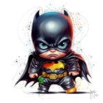 Baby Batman por Patrice Murciano, acuarela: una versión bebé de Batman, capa negra, máscara y cinturón amarillo, con aire muy serio