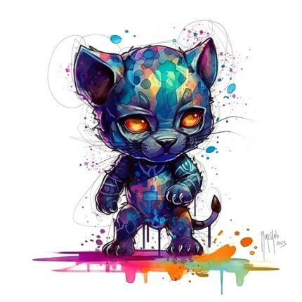 Baby Black Panther por Patrice Murciano, acuarela: una versión bebé de Black Panther, pantera azul noche de ojos naranjas, rodeada de colores vivos