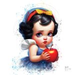 Baby Blanche Neige von Patrice Murciano, Aquarell: eine Baby-Version von Schneewittchen, gelbe Schleife im Haar und ein roter Apfel in den Händen