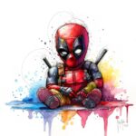 Baby Deadpool by Patrice Murciano, watercolour: a baby version of Deadpool, red and black suit, sitting cross-legged with his swords on his back