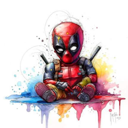 Baby Deadpool por Patrice Murciano, acuarela: una versión bebé de Deadpool, traje rojo y negro, sentado con las piernas cruzadas y sus espadas a la espalda