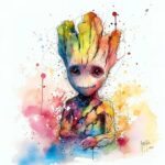 Baby Groot by Patrice Murciano, watercolour: a baby version of Groot, a little wooden being with rainbow reflections