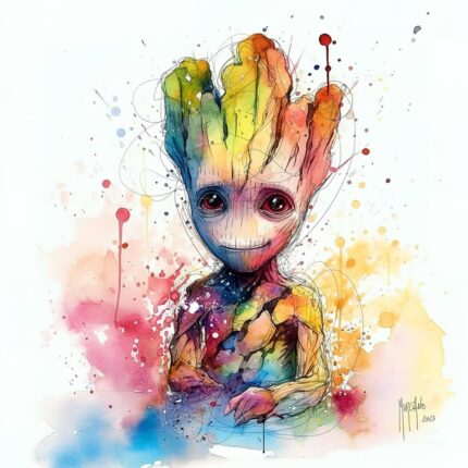 Baby Groot por Patrice Murciano, acuarela: una versión bebé de Groot, pequeño ser de madera con reflejos arcoíris