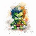 Baby Hulk por Patrice Murciano, acuarela: una versión bebé de Hulk, todo verde, con el ceño fruncido y los puños apretados