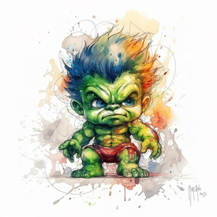Baby Hulk por Patrice Murciano, acuarela: una versión bebé de Hulk, todo verde, con el ceño fruncido y los puños apretados