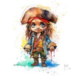 Baby Jack Sparrow von Patrice Murciano, Aquarell: eine Baby-Version von Jack Sparrow als kleiner Pirat, Dreispitz und rotes Tuch