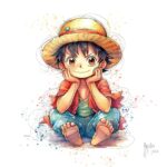 Baby Luffy von Patrice Murciano, Aquarell: eine Baby-Version von Ruffy aus One Piece, Strohhut und ein breites Lächeln