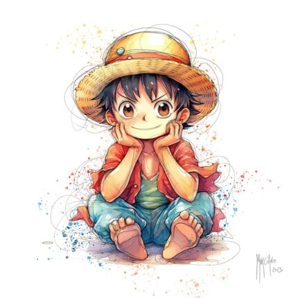 Baby Luffy por Patrice Murciano, acuarela: una versión bebé de Luffy de One Piece, sombrero de paja y gran sonrisa