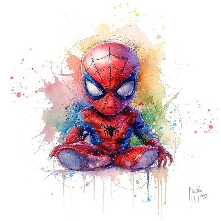 Baby Spiderman von Patrice Murciano, Aquarell: eine Baby-Version von Spider-Man, rot-blauer Anzug, im Schneidersitz