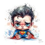 Baby Superman von Patrice Murciano, Aquarell: eine Baby-Version von Superman, roter Umhang und S auf der Brust, barfuß