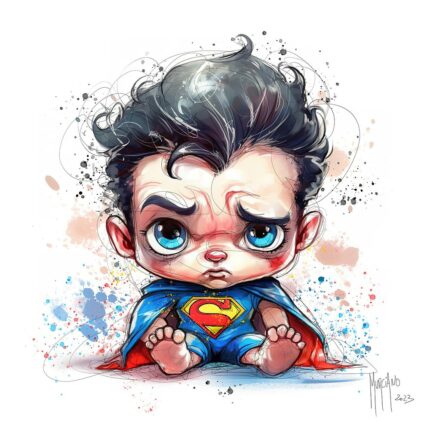 Baby Superman por Patrice Murciano, acuarela: una versión bebé de Superman, capa roja y S en el pecho, descalzo