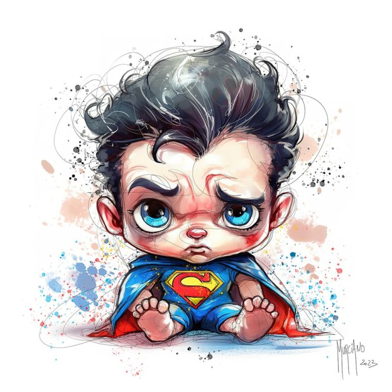 Baby Superman von Patrice Murciano, Aquarell: eine Baby-Version von Superman, roter Umhang und S auf der Brust, barfuß