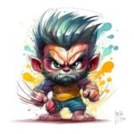 Baby Wolverine von Patrice Murciano, Aquarell: eine Baby-Version von Wolverine, Stachelfrisur und ausgefahrene Krallen