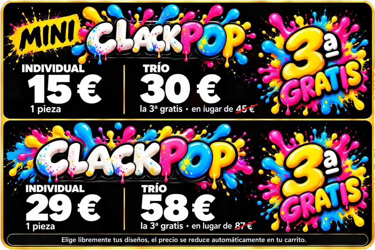 MINI CLACKPOP: individual 15 €, trío 30 € en lugar de 45 €. CLACKPOP: individual 29 €, trío 58 € en lugar de 87 €. La 3ª gratis.