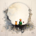 Dessine-moi un rêve par Patrice Murciano, aquarelle du Petit Prince en veste verte assis de dos à côté de son renard et d'une rose rouge, devant un grand cercle tracé au crayon