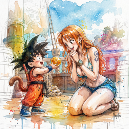 DRAGON LOVE Z par Patrice Murciano, aquarelle du petit Goku qui offre une Dragon Ball a Nami de One Piece sur le pont d'un navire pirate
