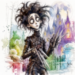 Edward par Patrice Murciano, aquarelle d'Edward aux mains d'argent, ciseaux à la main, devant un château gothique violet et un jardin aux haies sculptées