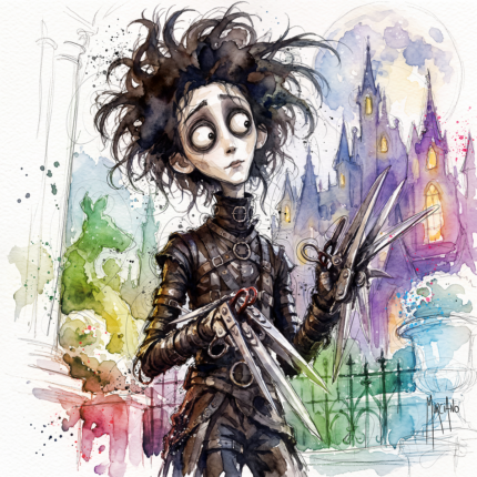 Edward par Patrice Murciano, aquarelle d'Edward aux mains d'argent, ciseaux à la main, devant un château gothique violet et un jardin aux haies sculptées