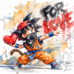FOR LOVE von Patrice Murciano, Aquarell des jungen Son Goku mit roter Kappe und Bandana, der ein rotes Herz vor ein FOR-LOVE-Graffiti wirft