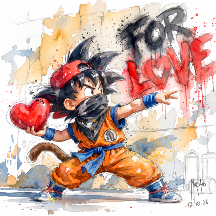 FOR LOVE von Patrice Murciano, Aquarell des jungen Son Goku mit roter Kappe und Bandana, der ein rotes Herz vor ein FOR-LOVE-Graffiti wirft