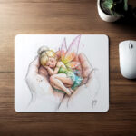 Tapis de souris Fragile, aquarelle de Patrice Murciano : une fée endormie dans des mains