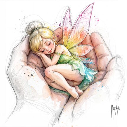 Fragile, aquarelle de Patrice Murciano : une fée endormie dans des mains