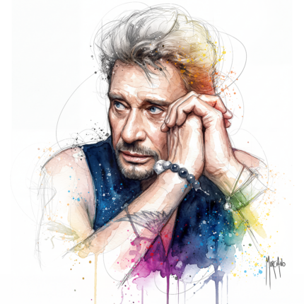 Johnny Hallyday par Patrice Murciano, aquarelle d'un portrait pensif aux cheveux argentés et au regard bleu