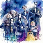 La Famille Addams par Patrice Murciano, aquarelle gothique de Morticia, Gomez, Mercredi, Pugsley, Oncle Fétide, Lurch et Grand-mère, hommage à Tim Burton