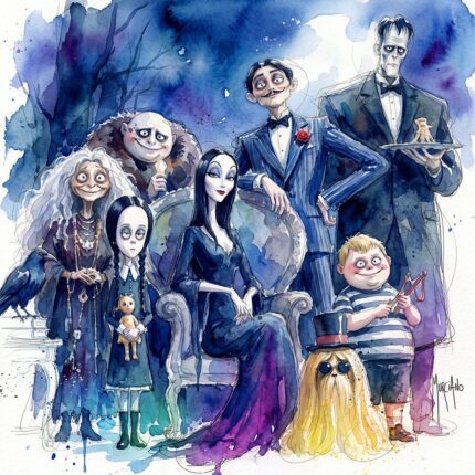 La Famille Addams par Patrice Murciano, aquarelle gothique de Morticia, Gomez, Mercredi, Pugsley, Oncle Fétide, Lurch et Grand-mère, hommage à Tim Burton