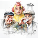La soupe aux choux, acuarela de Patrice Murciano: Louis de Funès y Jean Carmet acompañando a Jacques Villeret con un traje amarillo con bolas rojas, la esfera voladora en segundo plano