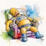 Le capitaine Flemme von Patrice Murciano, Aquarell von Homer Simpson, der mit offenem Mund in seinem Sessel schläft, im Anzug eines Weltraumhelden im Stil von Captain Future, eine Dose in Reichweite
