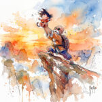 Le cercle de la vie par Patrice Murciano, aquarelle de la Tortue Géniale (Maître Kamé) qui brandit bébé Goku au sommet d'un rocher, clin d'œil à Rafiki et Simba du Roi Lion, ciel orange et bleu