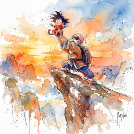 Le cercle de la vie par Patrice Murciano, aquarelle de la Tortue Géniale (Maître Kamé) qui brandit bébé Goku au sommet d'un rocher, clin d'œil à Rafiki et Simba du Roi Lion, ciel orange et bleu