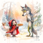 Rotkäppchen von Patrice Murciano, Aquarell von Nezuko im roten Umhang, die einem lächelnden großen Wolf in einem verschneiten Wald eine Torte reicht