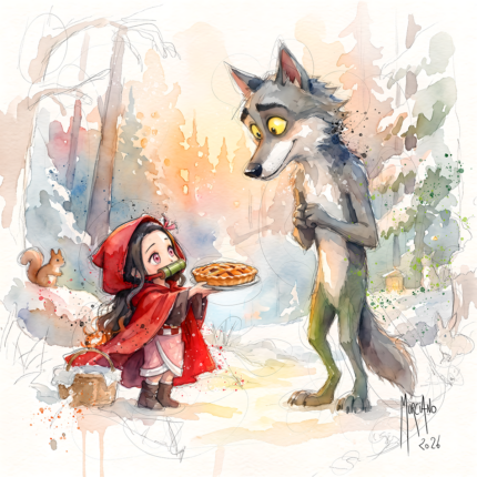 Le petit chaperon rouge par Patrice Murciano, aquarelle de Nezuko en cape rouge offrant une tarte a un grand loup souriant dans une foret enneigee