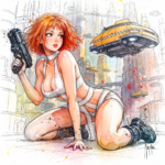 Leeloo di Patrice Murciano, acquerello di Leeloo dai capelli rossi con una pistola futuristica, accovacciata davanti a una città del futuro con un taxi volante giallo