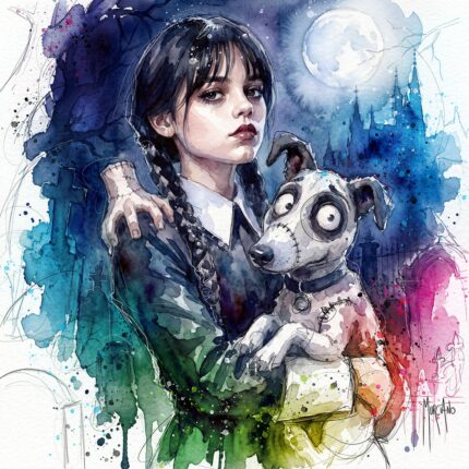 Mercredi et Frankenweenie par Patrice Murciano, aquarelle de Mercredi Addams serrant le chien Sparky sous la pleine lune, hommage à Tim Burton