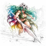 Nelliel, aquarelle de Patrice Murciano : la guerrière de l’univers Bleach, lance en avant et masque de Hollow sur le front