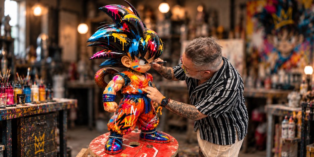 Patrice peint une sculpture de Sangoku