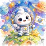 Pilimoo® Astronaut von Patrice Murciano, Aquarell einer kleinen weißen Figur im Raumanzug, die auf einem blühenden Planeten eine Flagge hisst, umgeben von Sternen und lächelnden Planeten